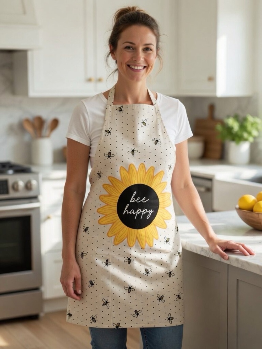 Women’s Bee Happy Sunflower Kitchen Apron in Cream and Yellow